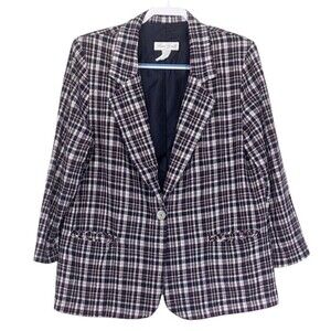 Vtg Linen Plaid Blazer Womens *fits XL Blue Red Laura Gayle Petite Lightweight